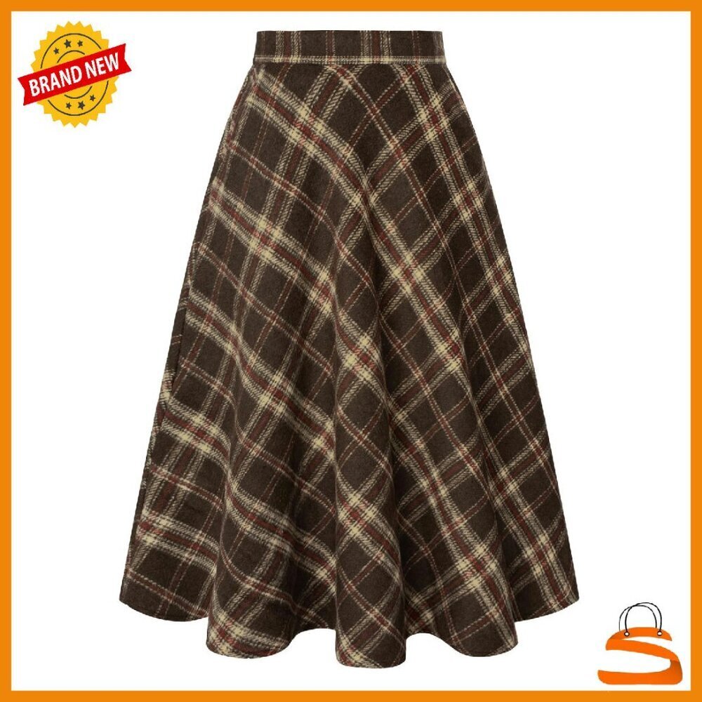 Midi A-Line Skirt with Pockets High Elastic Waist Flannel Work Skirt